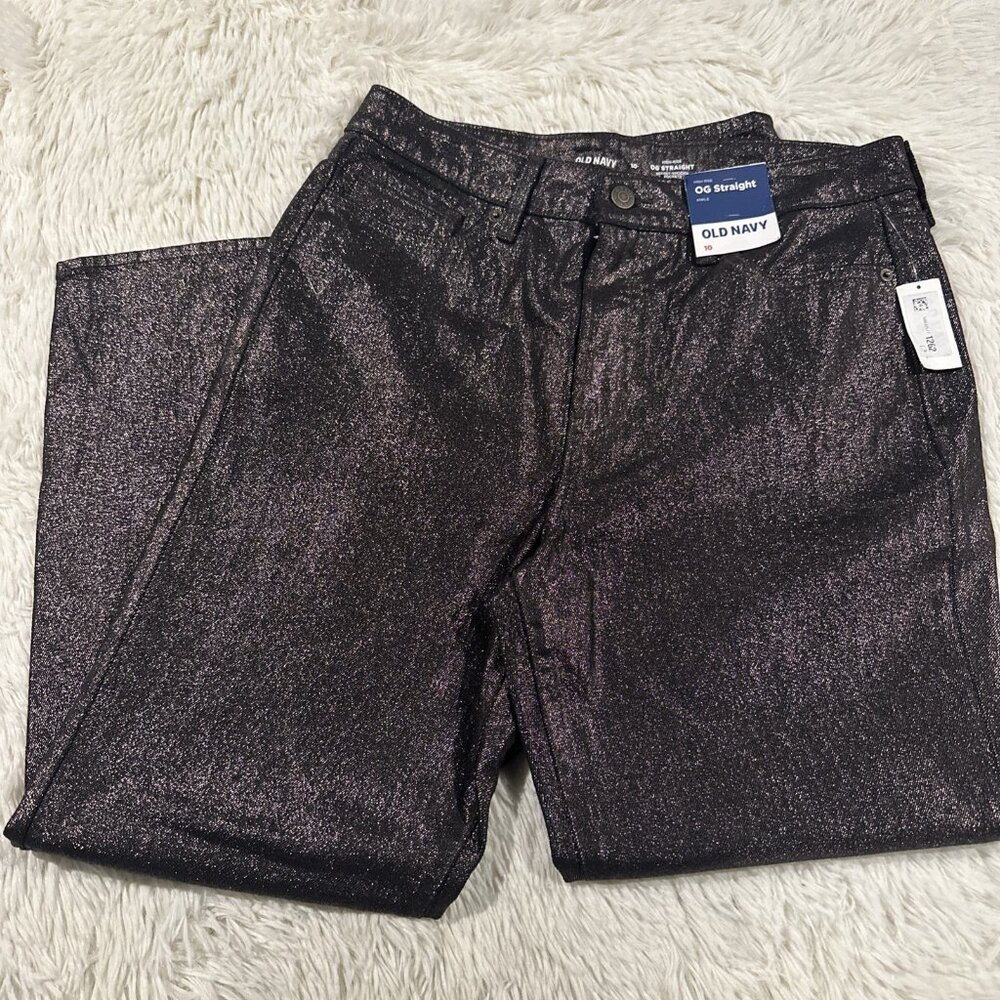 Old Navy 10 NWT OG Loose fit high rise black shimmer jeans stretch